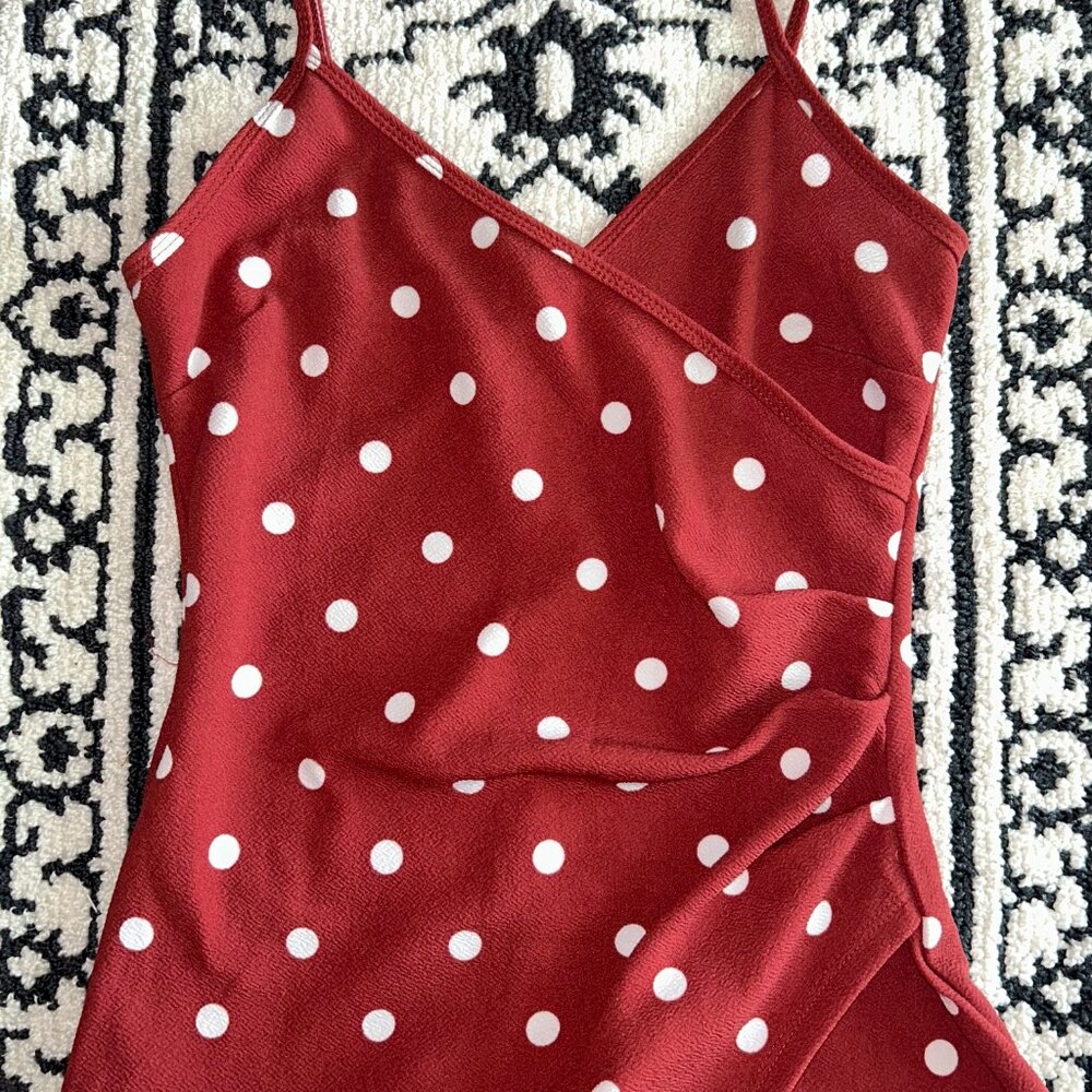 Almost Famous Polka Dot Ruched Slit Backless Cami Dress Sleeveless